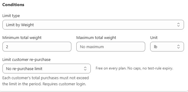 Rule editor limiting orders by total weight