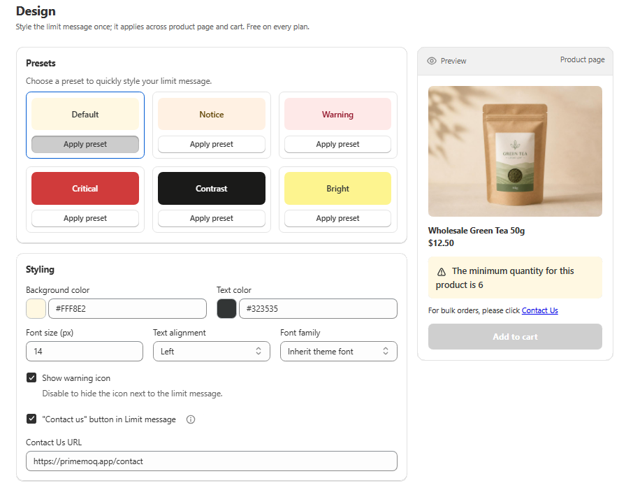 Design panel with limit message presets, colors and live preview