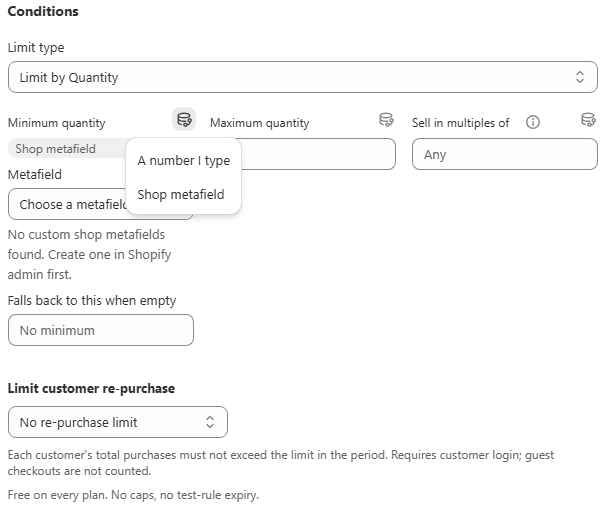 Rule editor using a shop metafield as the source for minimum quantity