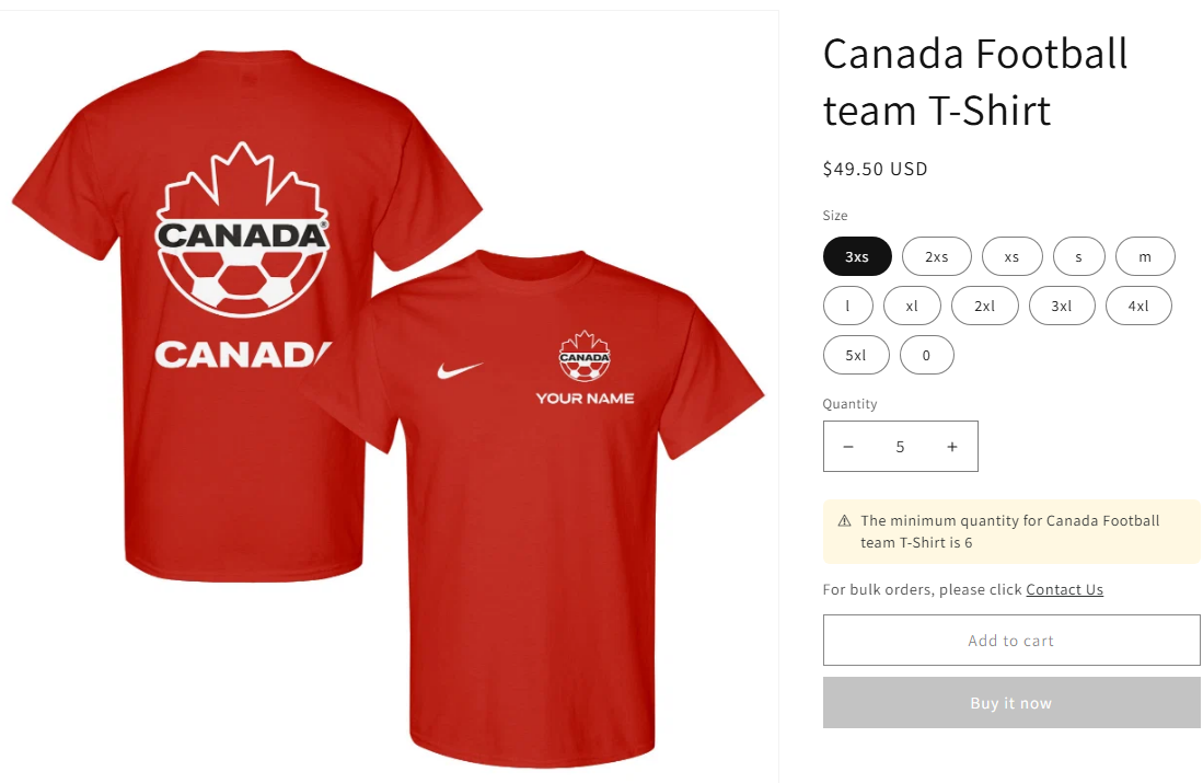 Product page showing a minimum quantity warning and a disabled Add to cart button