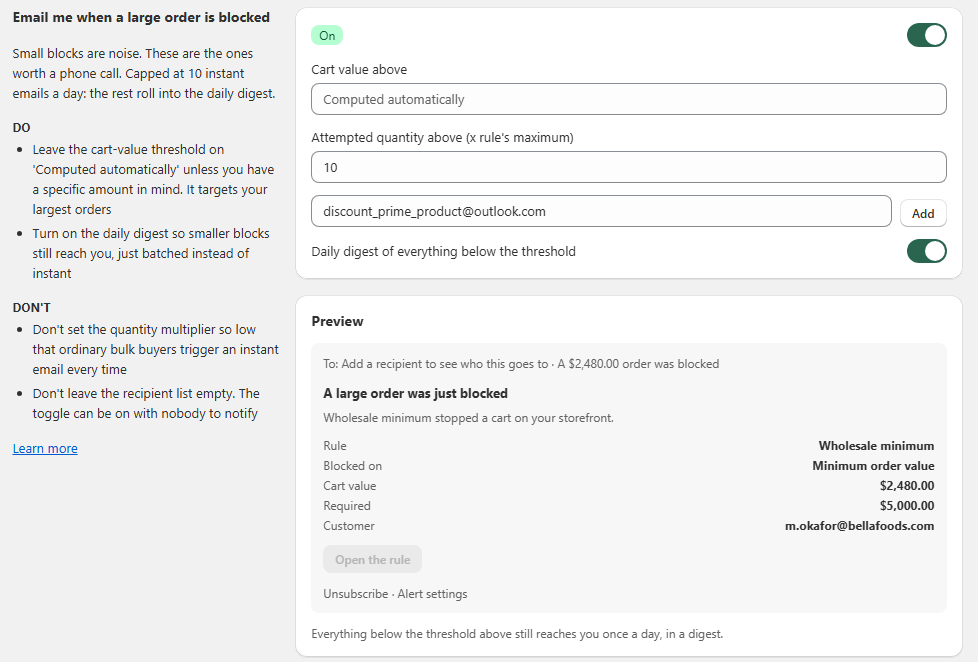 Prime MOQ settings card for blocked order alerts with thresholds, recipients and an email preview