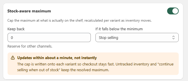 Prime MOQ rule editor showing Stock-aware maximum toggle, keep back field and below-minimum action