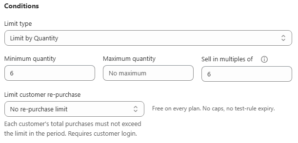 Rule editor with maximum quantity field