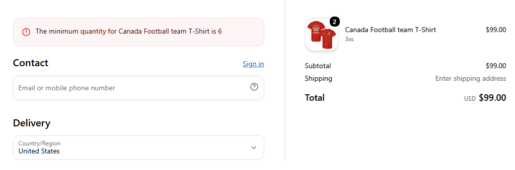 Shopify checkout blocked with a minimum quantity error message