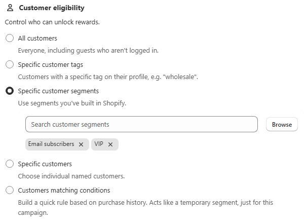 Customer eligibility options including tags, segments and named customers