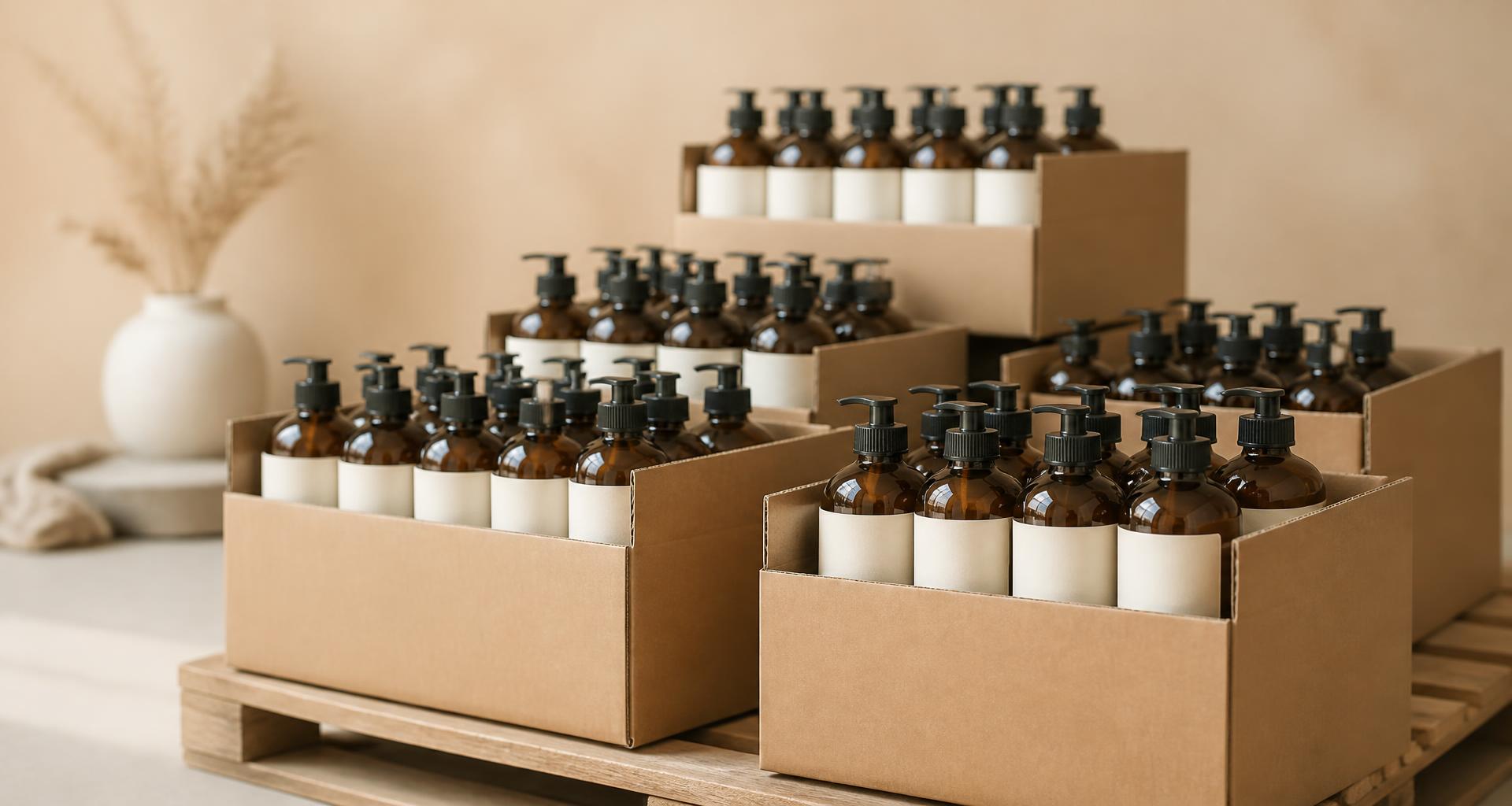 Cases of amber skincare pump bottles packed for wholesale shipping